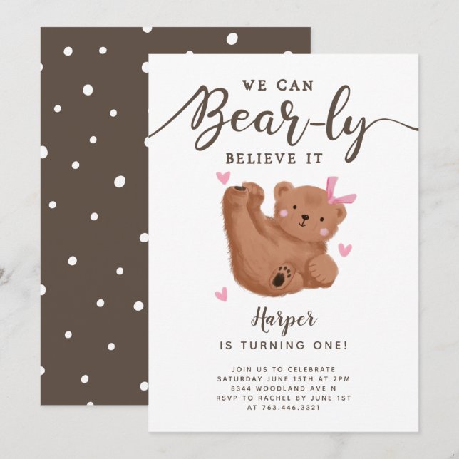 Cute Bear Thème Fille's Birthday Party Invitation (Devant / Derrière)