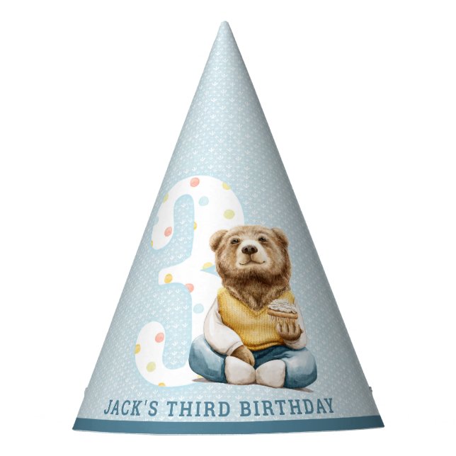 Cute Bear Third Birthday Party Hat (Front)