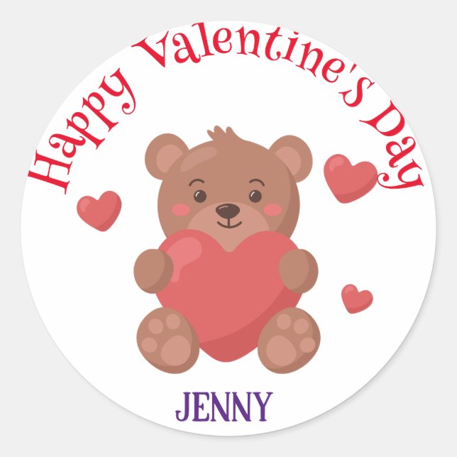 Cute Bear Valentine's day Customized name Classic Round Sticker (Front)