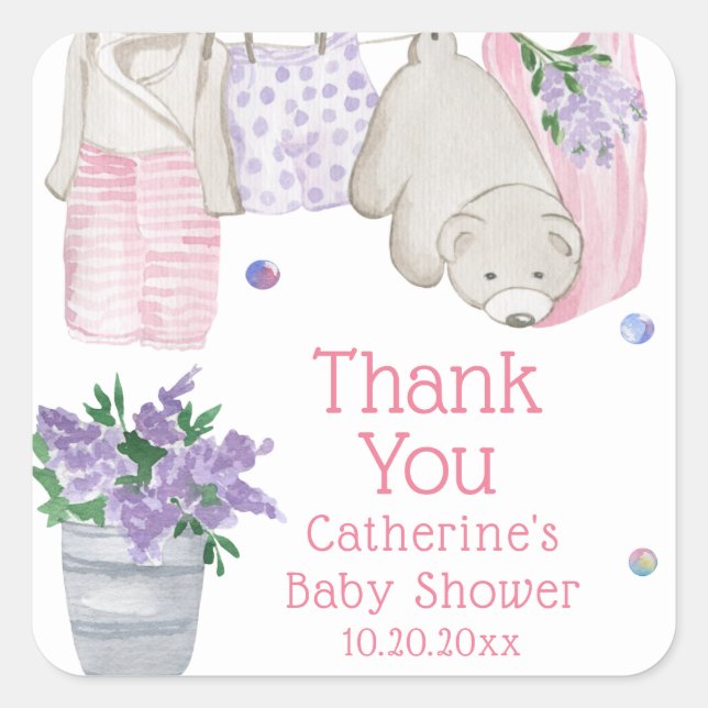 Cute Bear Wash Day Watercolor Baby Shower Square Sticker (Front)
