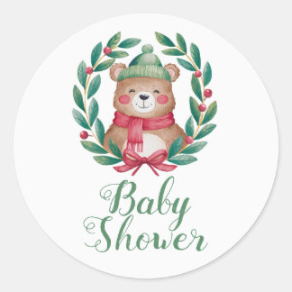 cute bear watercolor baby shower classic round sticker