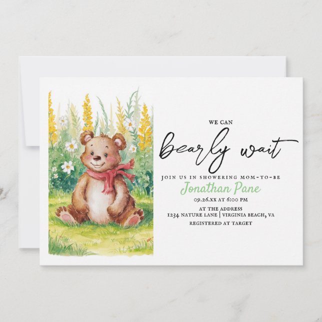 Cute Bear Watercolor Bearly Wait Baby Shower Invitation (Front)