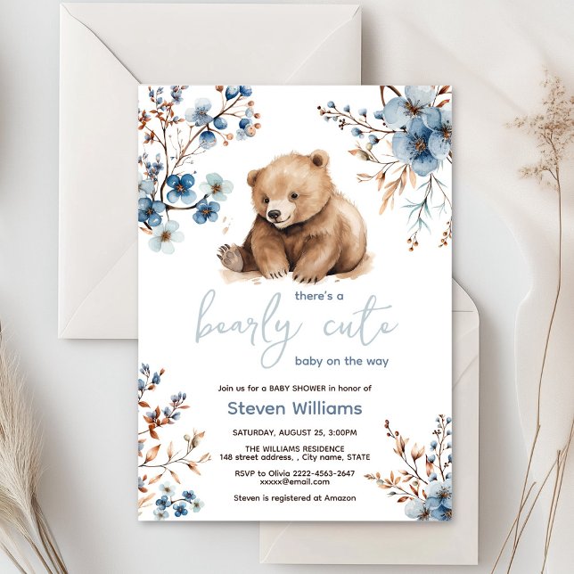 Cute bear watercolor boy baby shower invitation  (Cute bear with rustic blue flowers baby shower invitation)