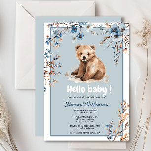 Cute bear watercolor boy baby shower invitation 