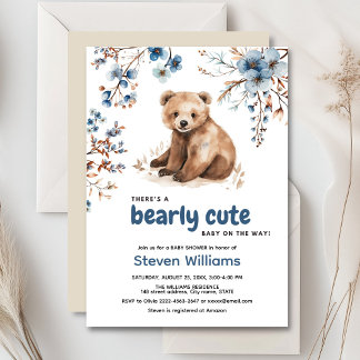 Cute bear watercolor boy baby shower invitation