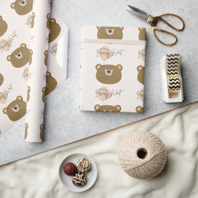 Cute Bear We Can Bearly Wait Gender Baby Shower  Wrapping Paper (Crafts)