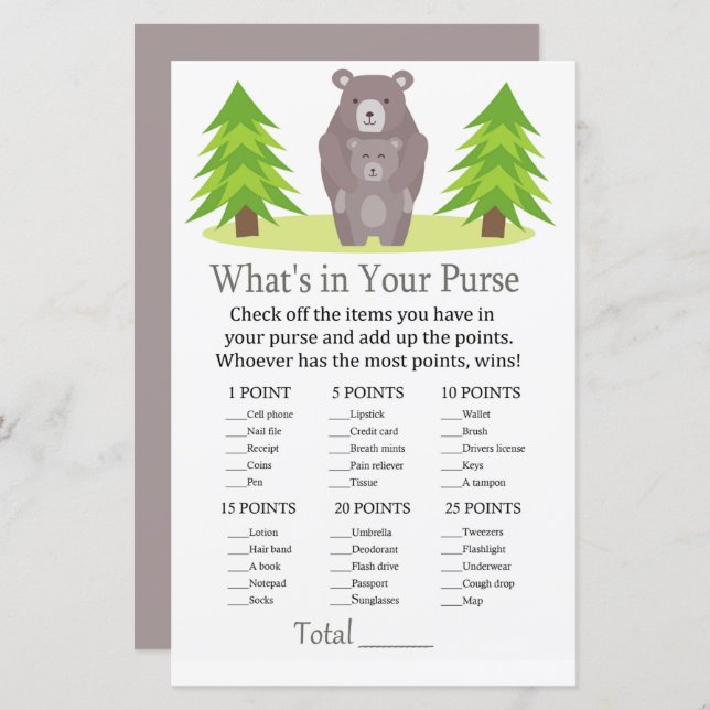 Cute Bear What's in your purse game baby shower (Front/Back)