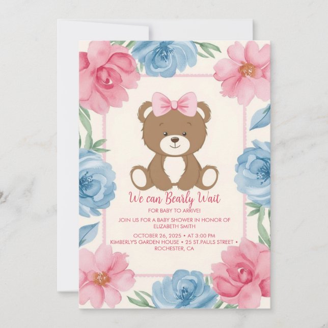 Cute bear with a pink bow in roses invitation (Front)
