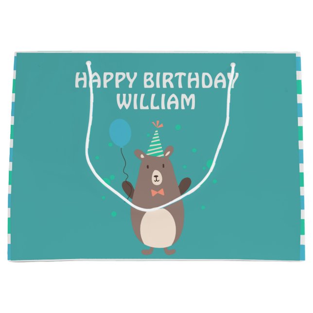 Cute Bear with Balloon Birthday Party Large Gift Bag (Front)