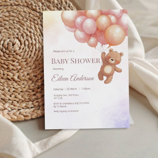 Cute Bear with Balloons Baby Shower Invitation