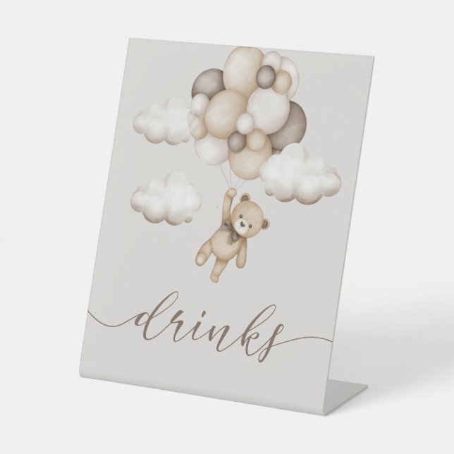 Cute Bear With Balloons Drinks Pedestal Sign (Front)