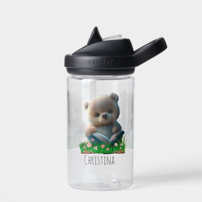 Cute Bear with Book Kids School Personalized Name Water Bottle (Left)