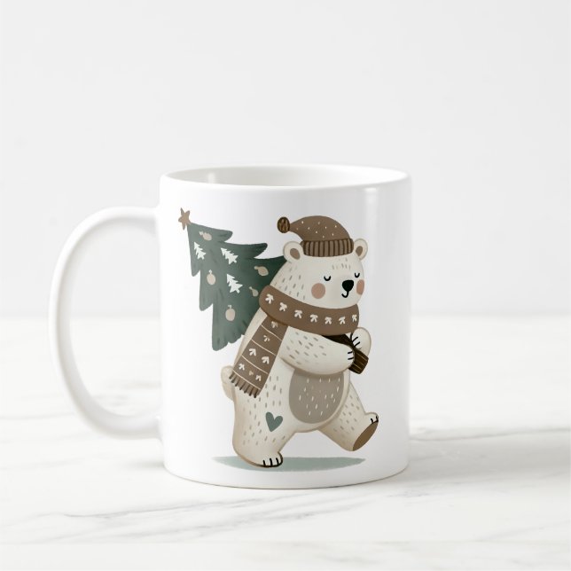 Cute Bear with Christmas Tree Drawing  Coffee Mug (Left)