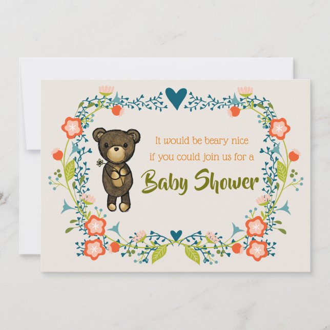 Cute Bear with Floral Wreath Baby Shower Invitation (Front)