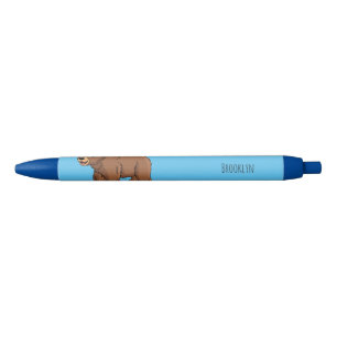 Cute bear with flower cartoon illustration  black ink pen