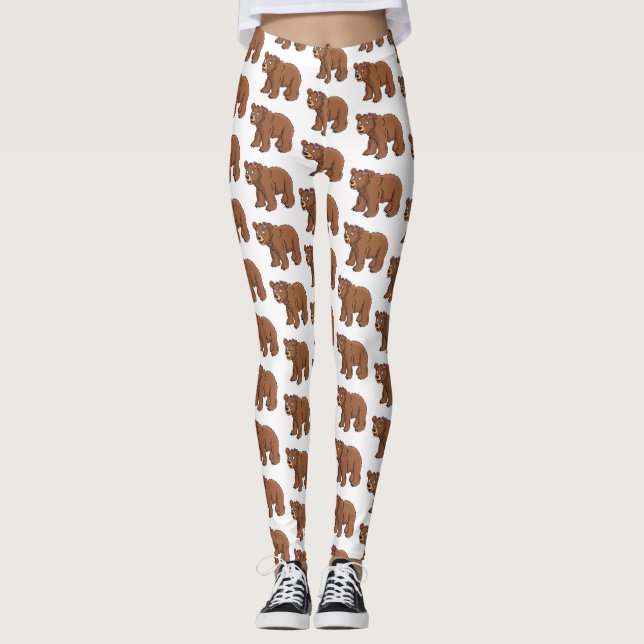 Cute bear with flower cartoon illustration  leggings (Front)