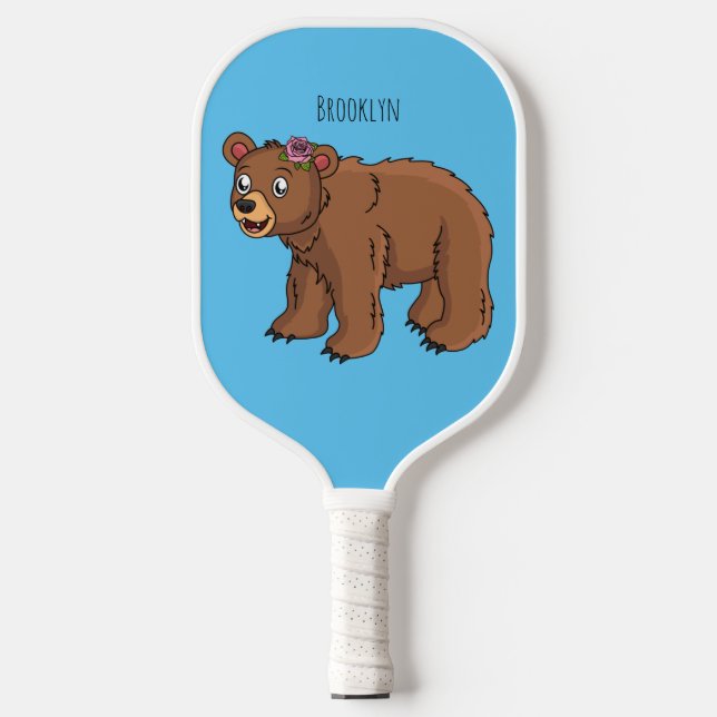 Cute bear with flower cartoon illustration pickleball paddle (Front)