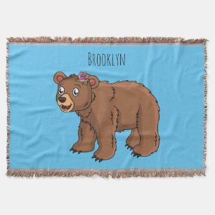 Cute bear with flower cartoon illustration throw blanket