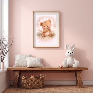 Cute Bear With Flower Neutral Nursery Kids Room Poster