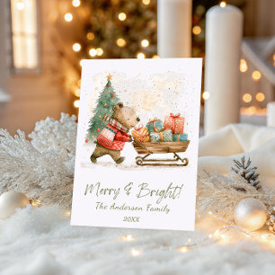 Cute Bear with Gifts Merry & Bright Family Holiday Card