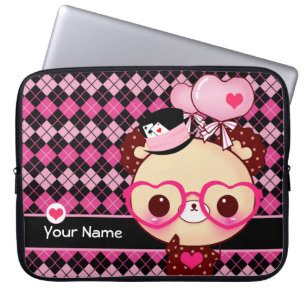 Cute bear with glasses on black and pink argyle laptop sleeve