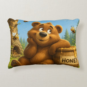 Cute Bear with Honey Barrel & Happy Bees Accent Pillow