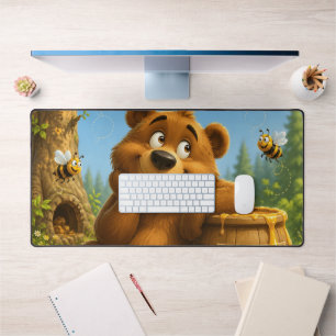 Cute Bear with Honey Barrel & Happy Bees Desk Mat