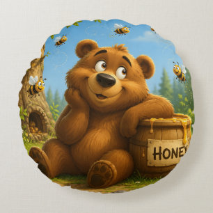 Cute Bear with Honey Barrel & Happy Bees Round Pillow