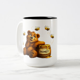 Cute Bear with Honey & Happy Bees Two-Tone Coffee Mug