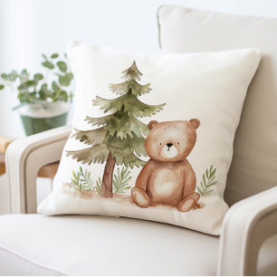Cute Bear with Pine Tree Pillow, Woodland Animal Throw Pillow