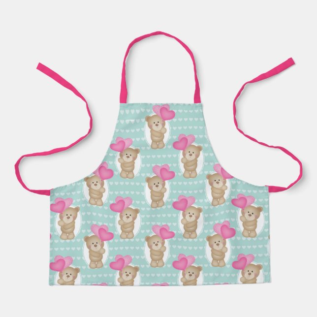 Cute Bear With Pink Hearts | Kid's Youth Baker Apron (Front)