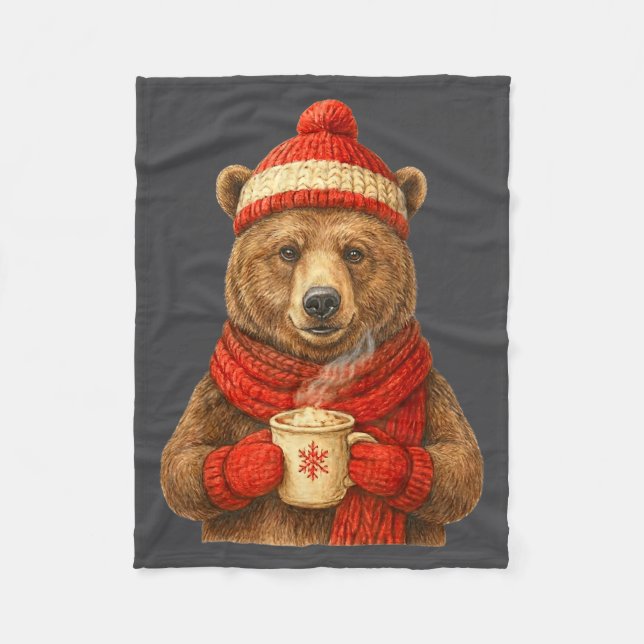 Cute Bear With Santa Hat Coffee Lover Funny Winter Fleece Blanket (Front)