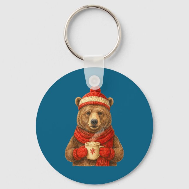 Cute Bear With Santa Hat Coffee Lover Funny Winter Keychain (Front)