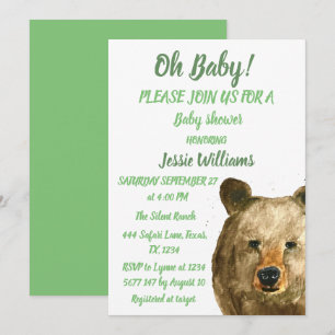 Cute Bear Woodland animals Green Baby boy shower Invitation