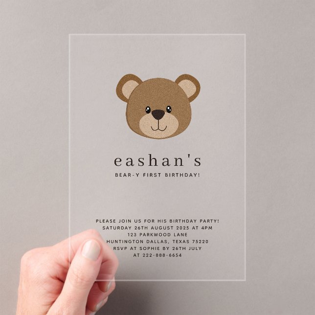 Cute Bear-y First Birthday Photo Acrylic Invitations (Insitu (Handheld))