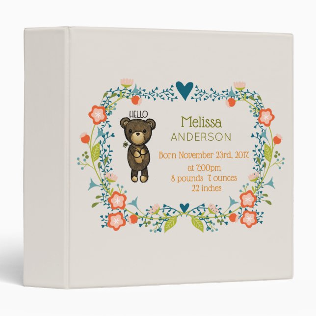 Cute Bear, Yellow Flower & Floral Wreath  Birth Binder (Front/Spine)