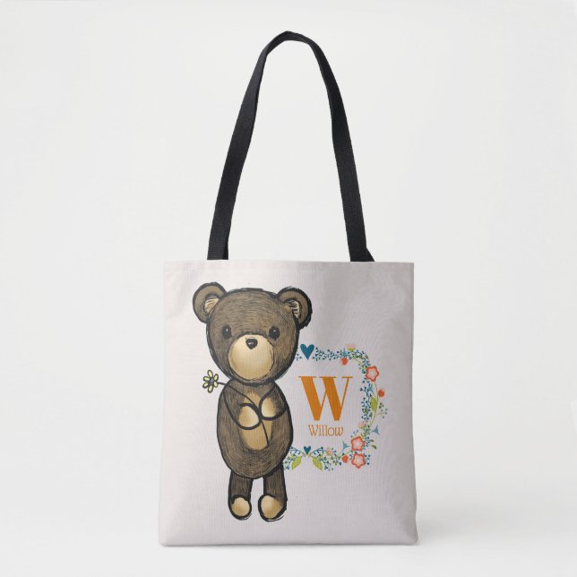 Cute Bear, Yellow Flower & Floral Wreath Custom Tote Bag (Front)