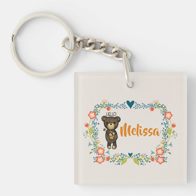 Cute Bear, Yellow Flower & Floral Wreath Keychain (Front)