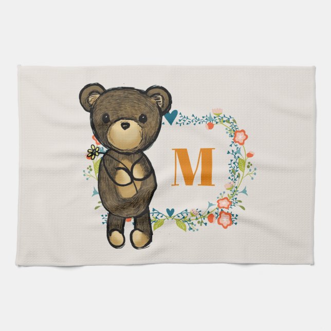 Cute Bear, Yellow Flower & Floral Wreath Monogram Kitchen Towel (Horizontal)