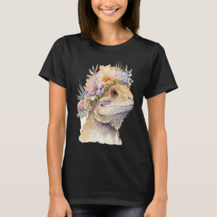 Cute Bearded Dragon Flower Crown Floral Watercolor T-Shirt