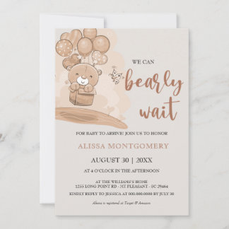 Cute Bearly Wait Balloons Beige Theme Baby Shower Invitation