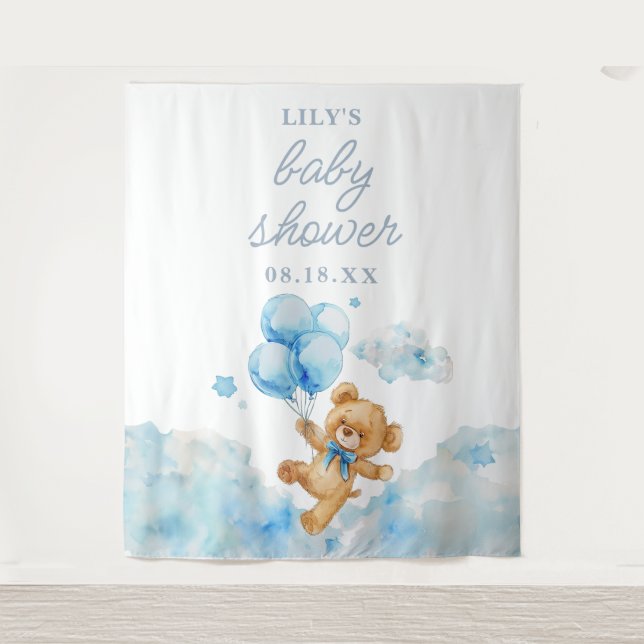Cute Bearly Wait Blue Boy Baby Shower Photo Prop Tapestry (Front)