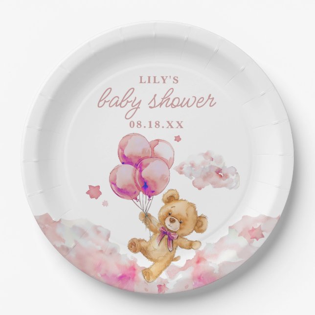 Cute Bearly Wait Pink Girl Baby Shower Paper Plate (Front)