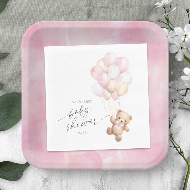 Cute Bearly Wait Teddy Bear Pink Balloons Shower Napkin (Pink We Can Bearly Wait, Teddy Bear Themed Baby Boy Shower Napkin.)