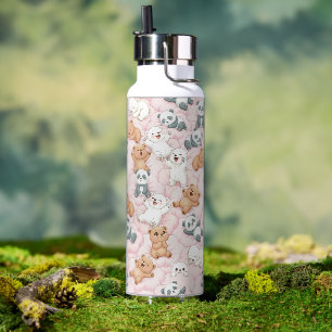 Cute Bears and Pandas on Pink Clouds Seamless Water Bottle