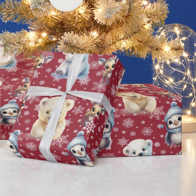 Cute Bears And Penguins Christmas Wrapping Paper (Holidays)