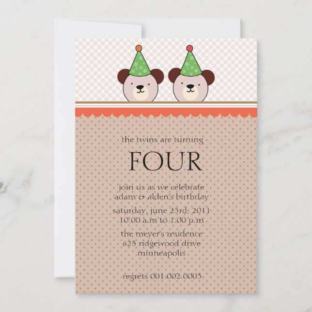 Cute Bears - Brown twins birthday invitations (Front)