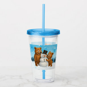 cute bears building a snowman acrylic tumbler