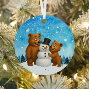 cute bears building a snowman metal ornament