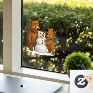 cute bears building a snowman window cling